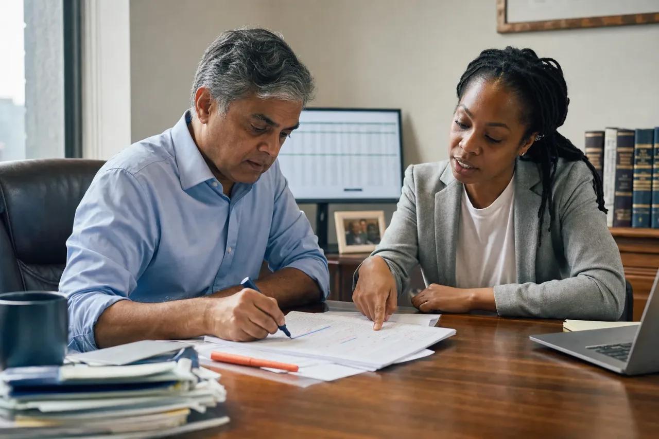 Two financial services compliance reviewers marking up a printed disclosure draft.