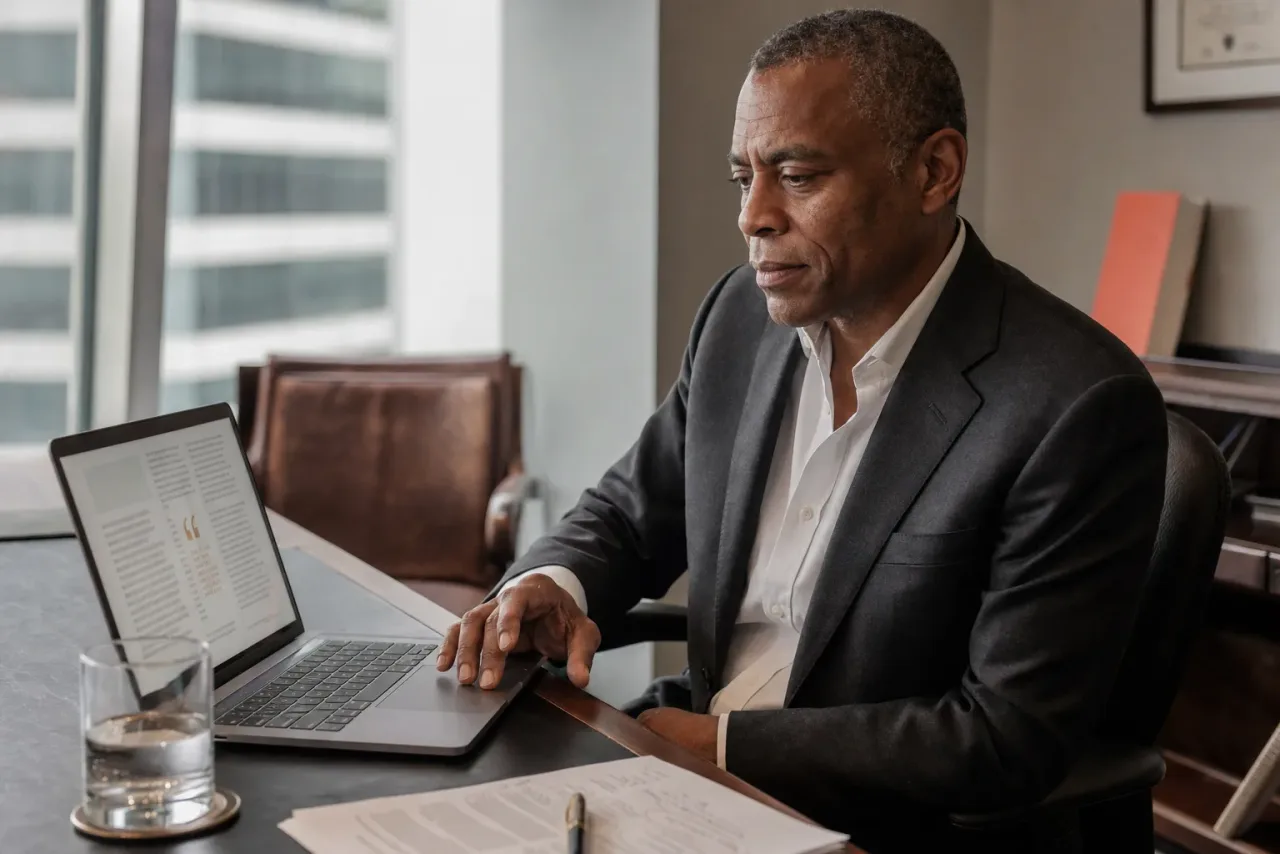 A consulting partner reviewing a thought-leadership PDF on his laptop.