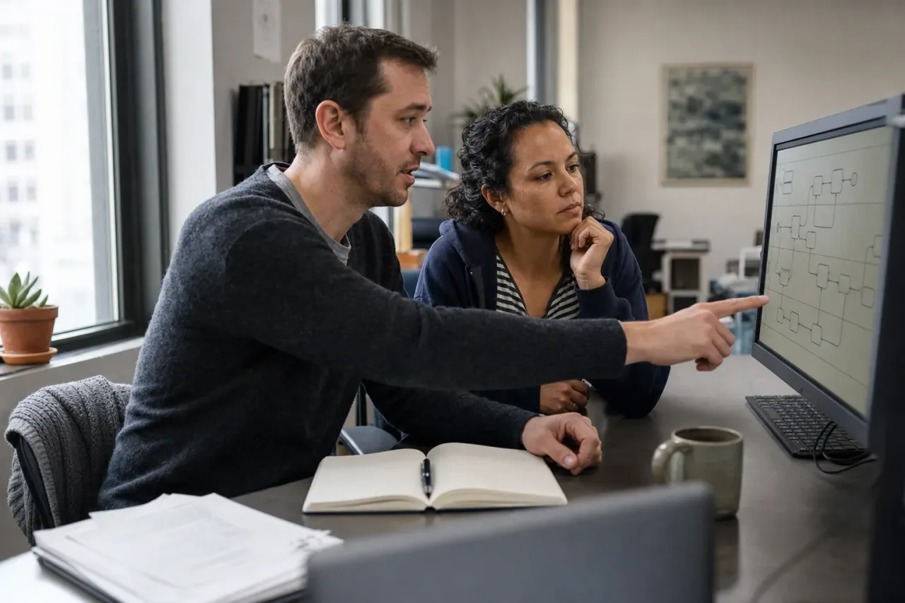 A technical writer and security engineer reviewing an architecture diagram together.