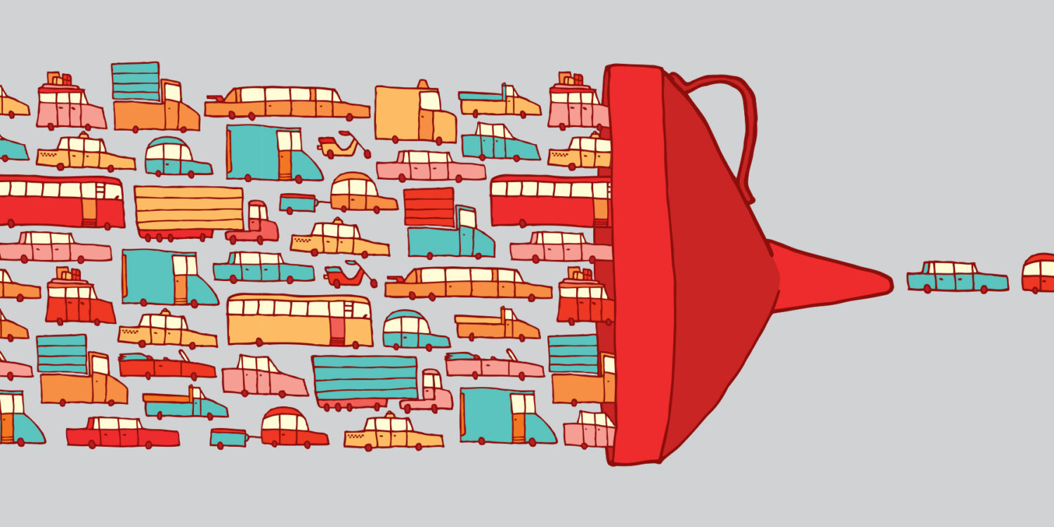 This is an illustration of different vehicles driving into a red funnel for an article about Mid-funnel leads