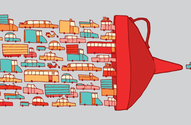 This is an illustration of different vehicles driving into a red funnel for an article about Mid-funnel leads