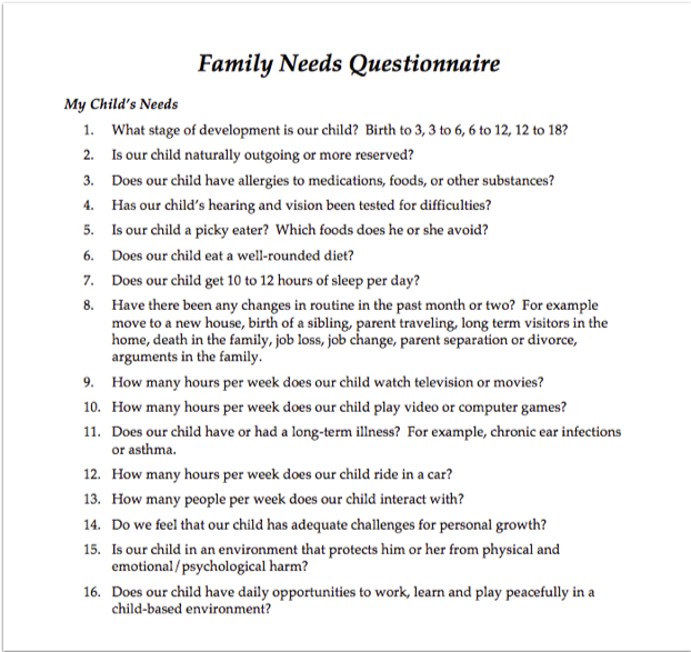 questionnaire on family and child needs