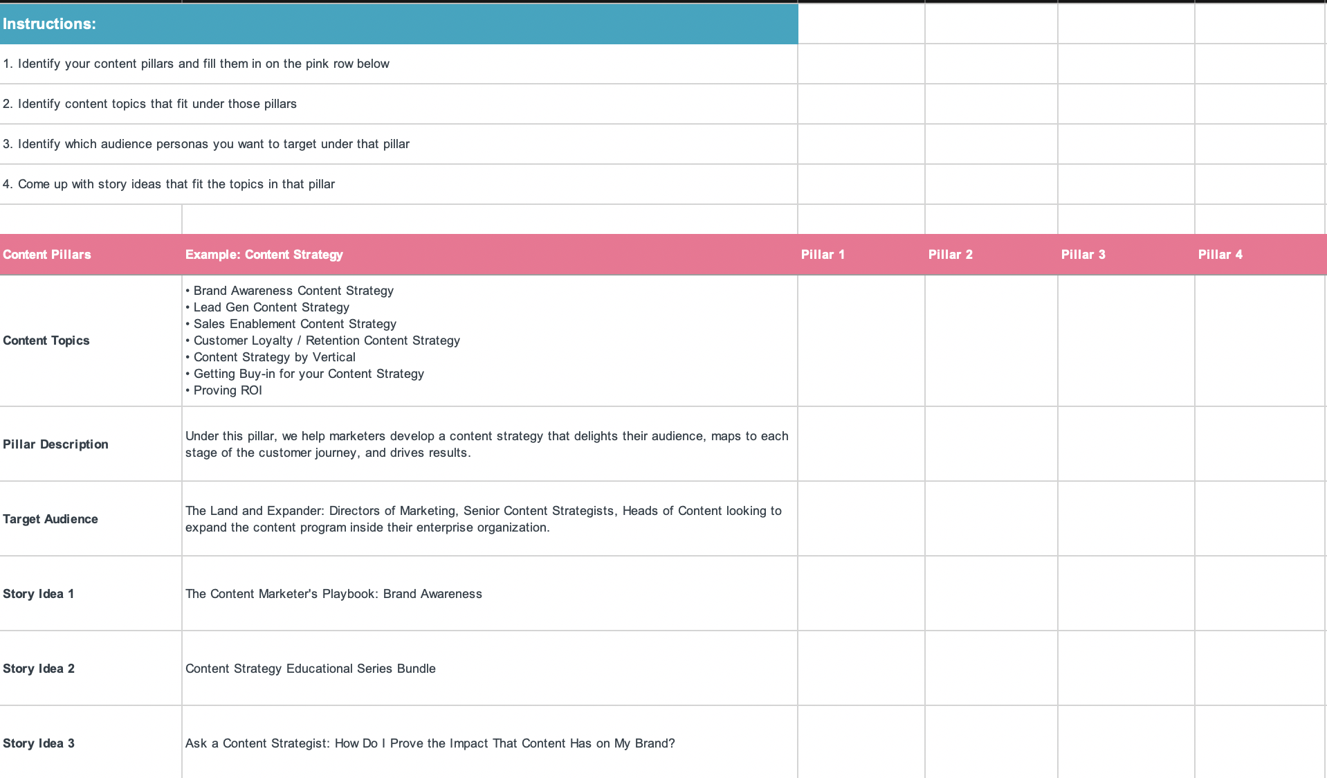 simple content strategy template to identify your content pillars and story ideas