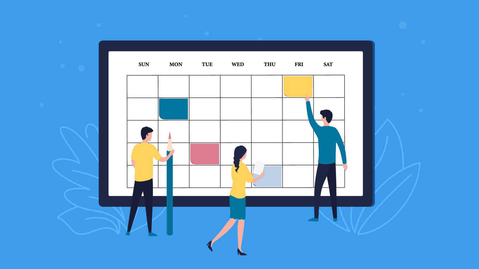This is a graphic with a three illustrated humans in front of a calendar for an article about content strategy template ideas