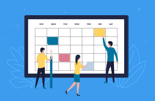 This is a graphic with a three illustrated humans in front of a calendar for an article about content strategy template ideas