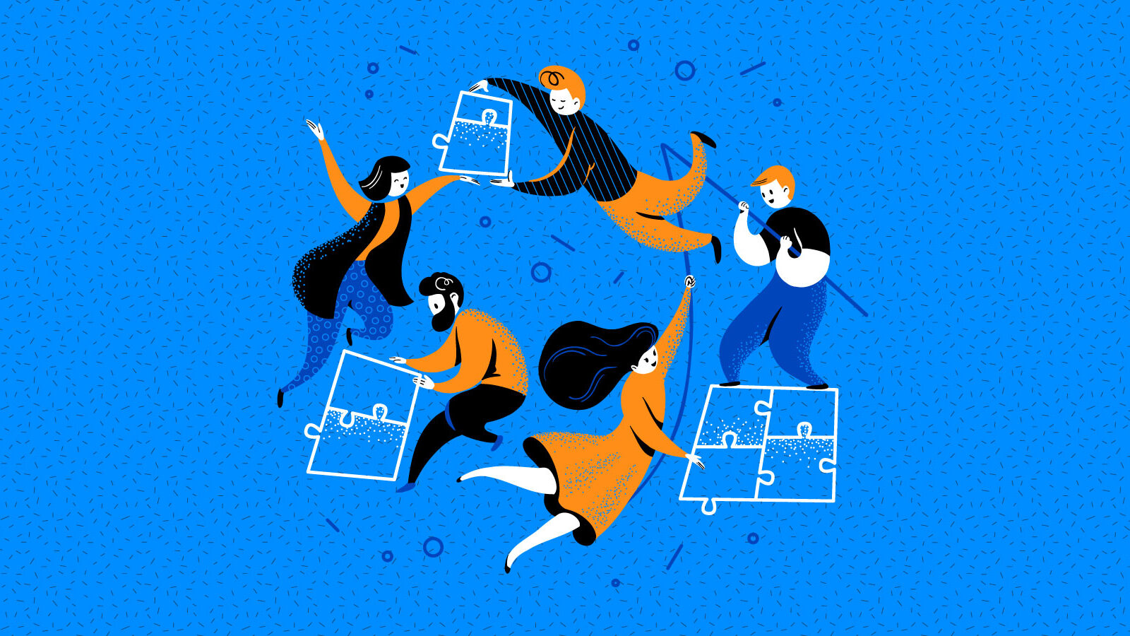 This is an image for an article about LinkedIn company pages and LinkedIn articles. It shows 5 illustrated people floating near white puzzle pieces with a blue background.