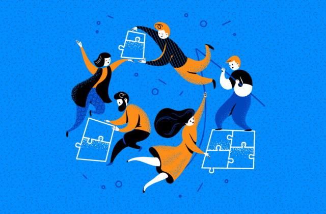 This is an image for an article about LinkedIn company pages and LinkedIn articles. It shows 5 illustrated people floating near white puzzle pieces with a blue background.