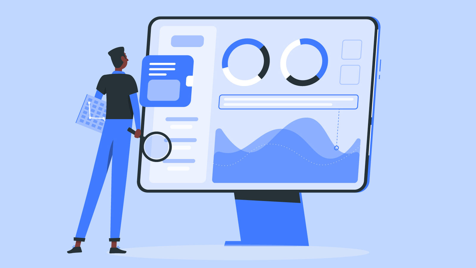 This is an illustration of a person standing in front of a computer screen that is about the same size of them that has analytics graphics on it for an article about the best marketing analytics tools