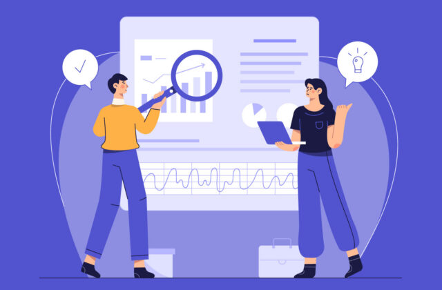 This is an illustration of two people standing in front of what looks like a paper analyzing it for an article about writing a fintech case study