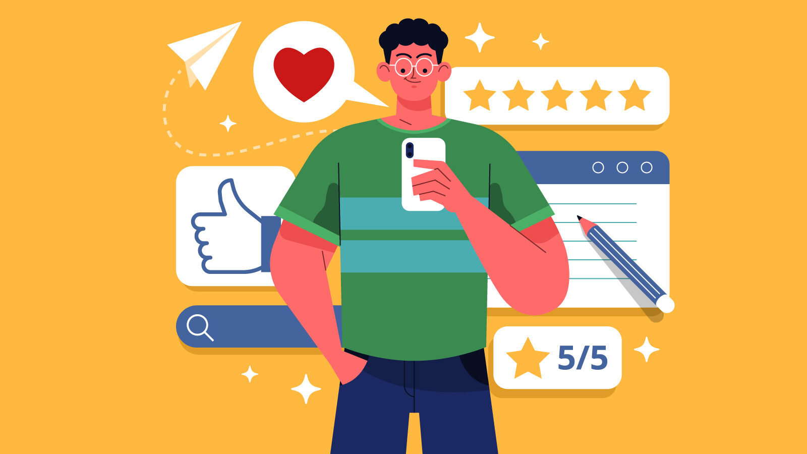 This is an illustration of a a person on the phone for an article on customer storytelling