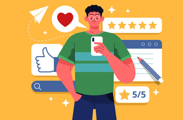 This is an illustration of a a person on the phone for an article on customer storytelling