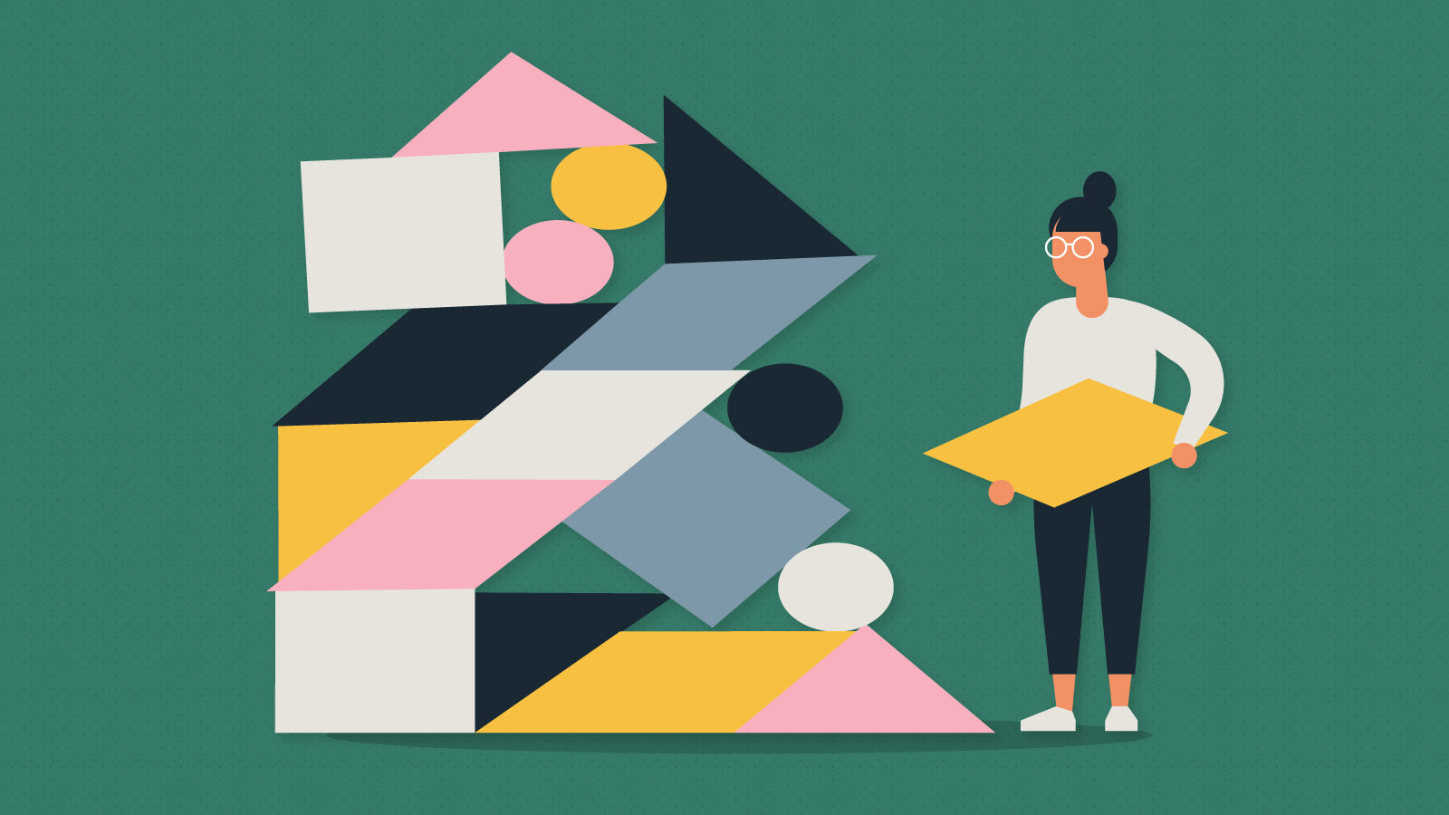 This is an image of an illustrated woman holding a rhombus, looking at a pile or shapes to the side of her, used in an article about b2b tech marketing