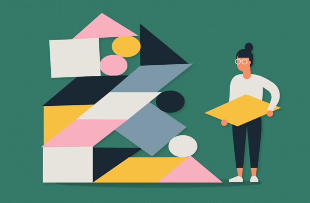 This is an image of an illustrated woman holding a rhombus, looking at a pile or shapes to the side of her, used in an article about b2b tech marketing