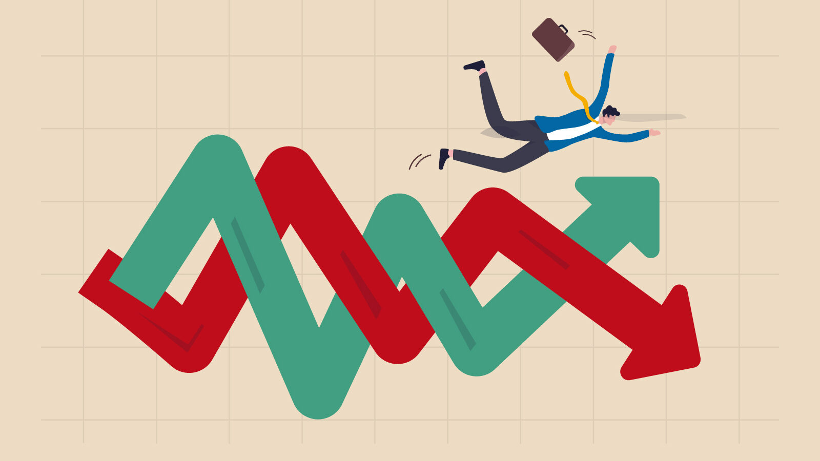 This is an image of two intersecting arrows that are green and red with an illustration of a person appearing to ride them. It is used in an article about what to do when SEO rankings dropped.