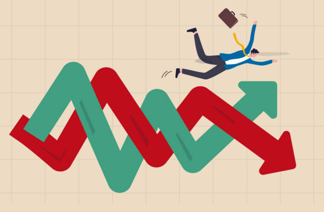 This is an image of two intersecting arrows that are green and red with an illustration of a person appearing to ride them. It is used in an article about what to do when SEO rankings dropped.