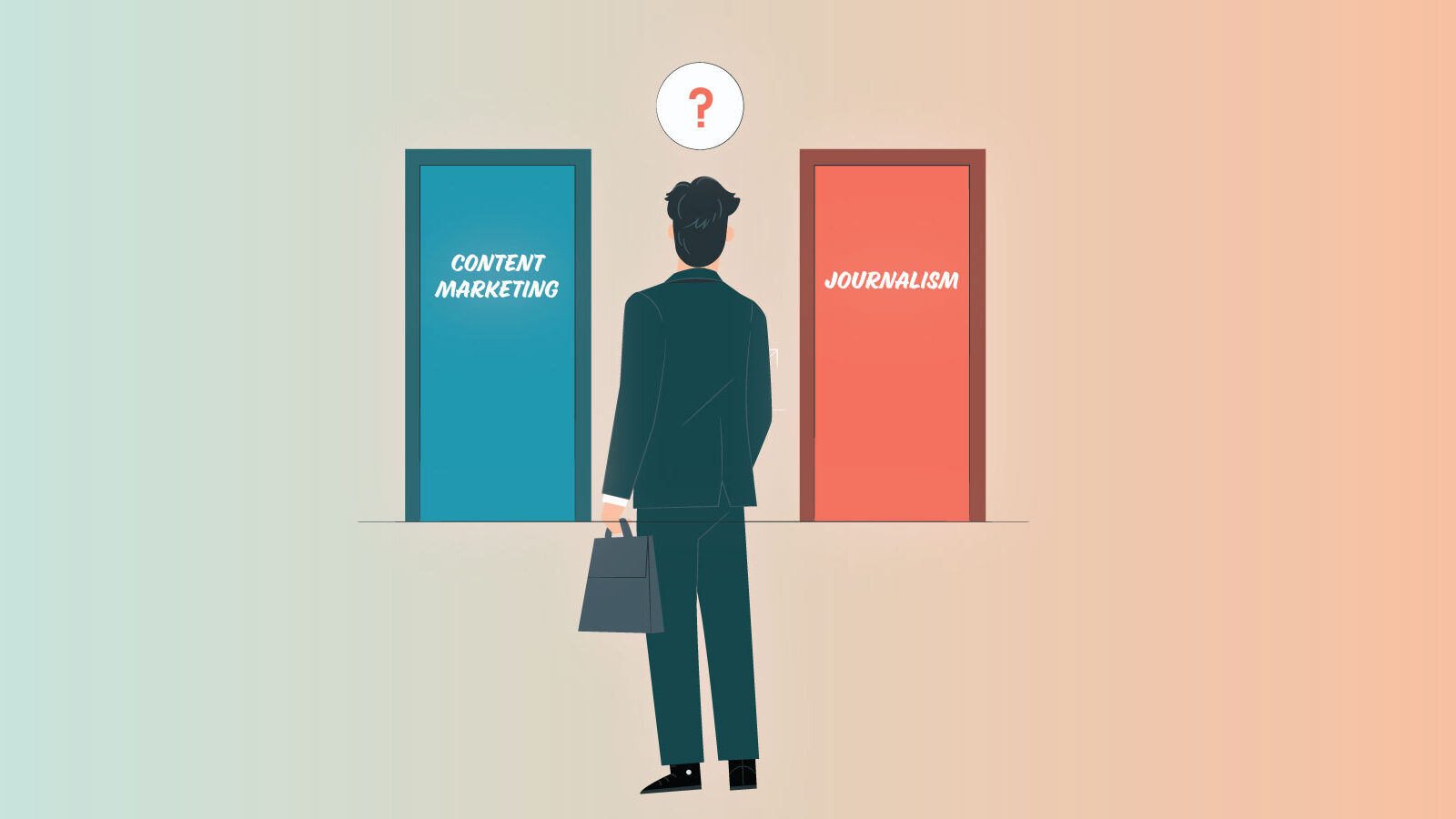brand journalism vs content marketing This is am image of a man looking at two doors