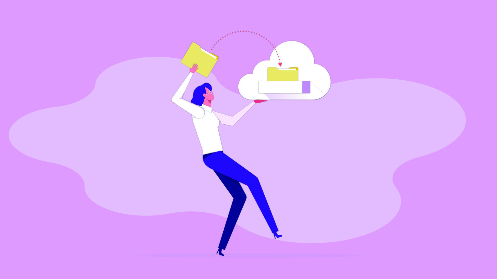 This is an image of an illustrated woman falling backward with a two shade purple bracroung for an article about planning for a year in review campaign
