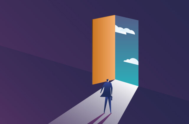 Best Practices for Crafting Content Prompts for Generative AI. This is an illustation of a door being open with a dark figure in front of it. In the background of the open door is a blue cloud sky.