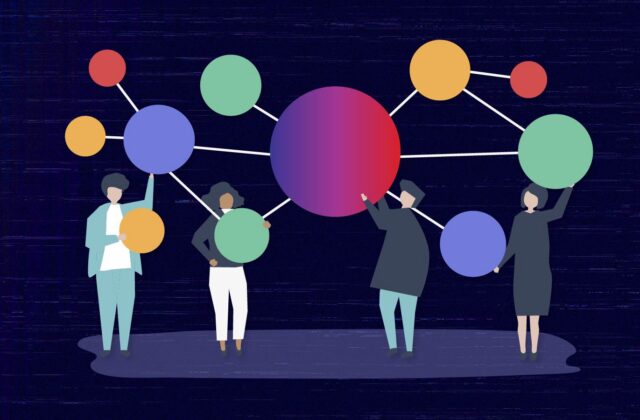 This is an image of illustrated people surrounded by connected bubbles for an article about creative content for Contently.