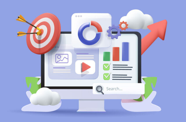 Image for an article about technical SEO of a computer screen with data-based graphics surrounding it such as a target, columns, interlocked wheels.