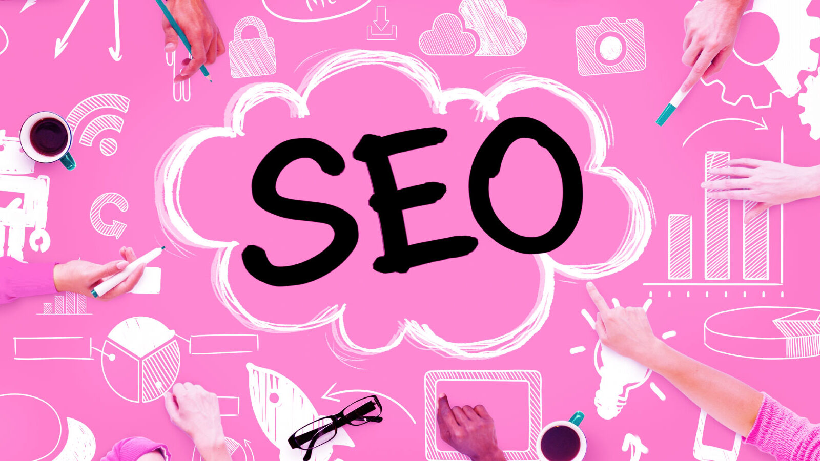 An image for an article on seo driven content. This image has a pink background with the words SEO in black in the middle and some small illustrations around the design of various objects.