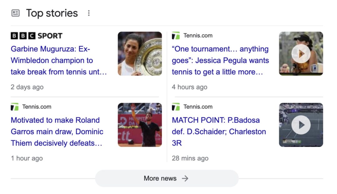 A screenshot of the "Top stories" results in Google, which are tagged with Article schema markups