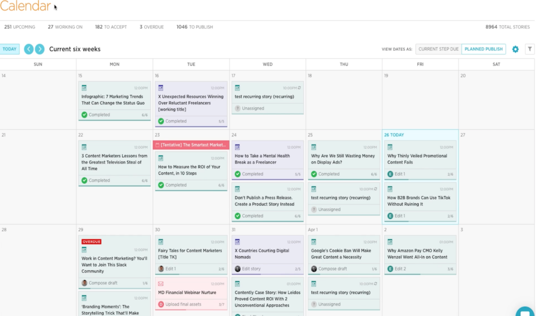 Contently content calendar, organized by the managing editors 