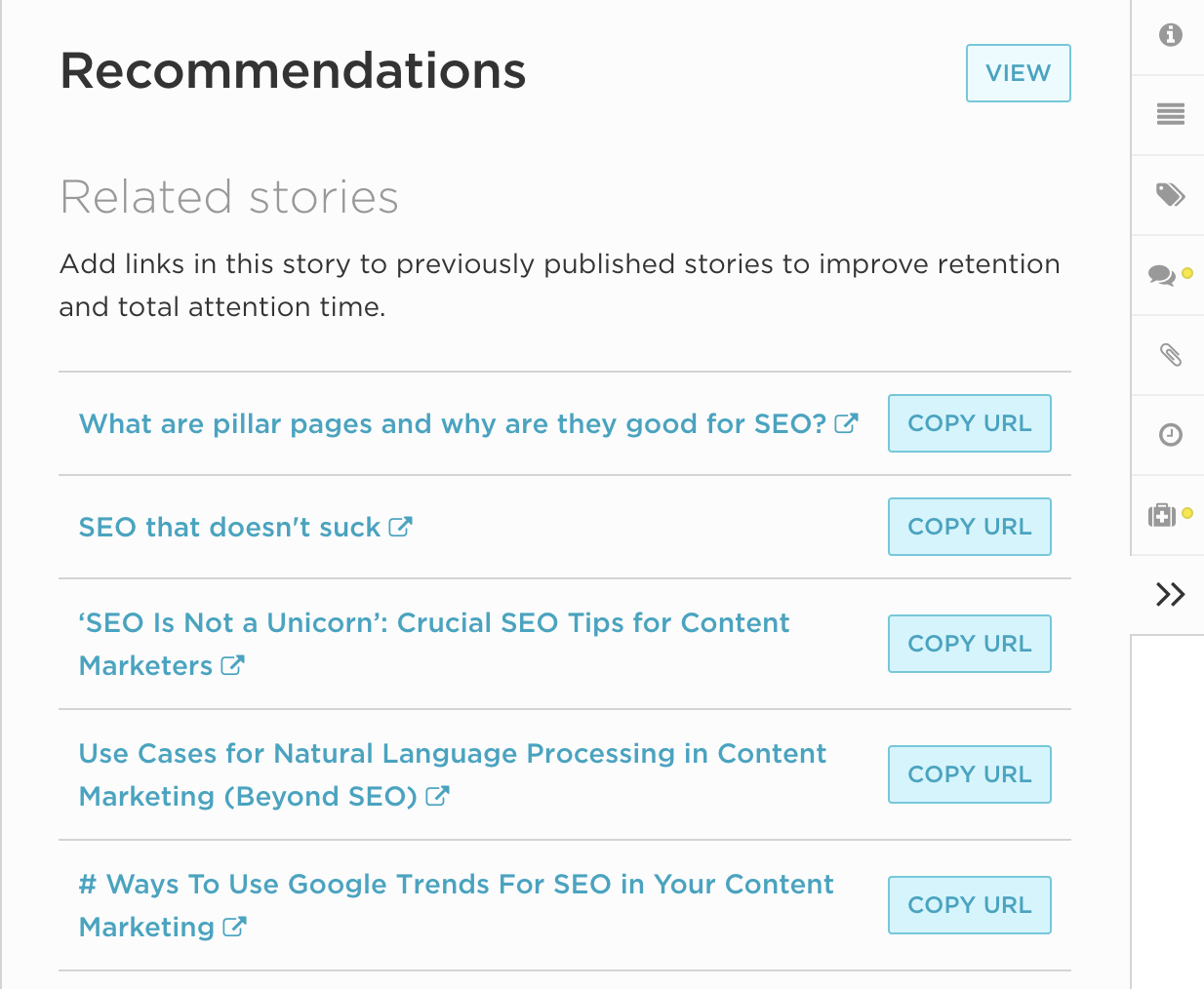 L'onglet Recommandations identifie des opportunités supplémentaires de liens croisés dans le contenu.