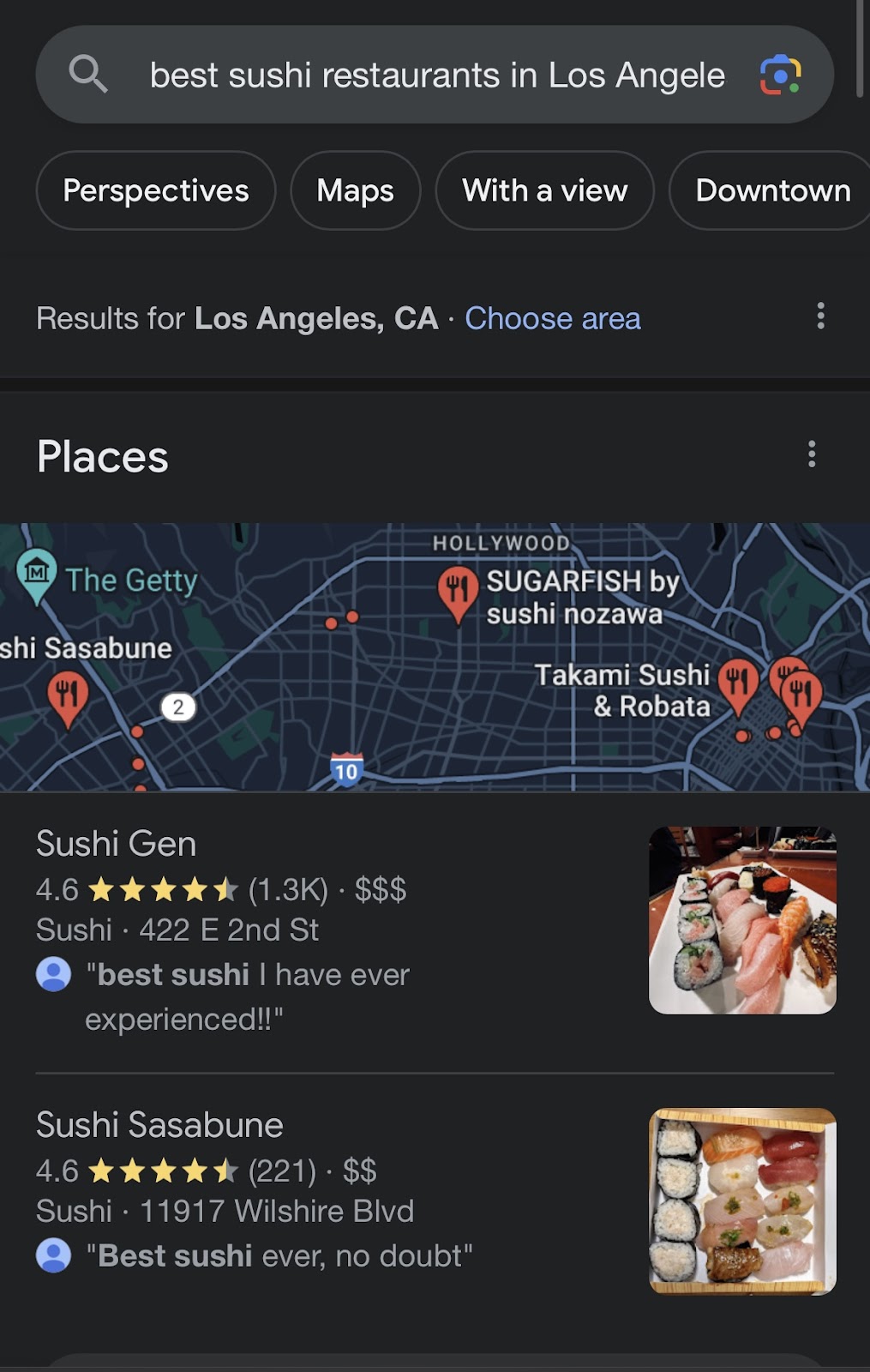 Standard Google mobile search results for sushi restaurants in Los Angeles