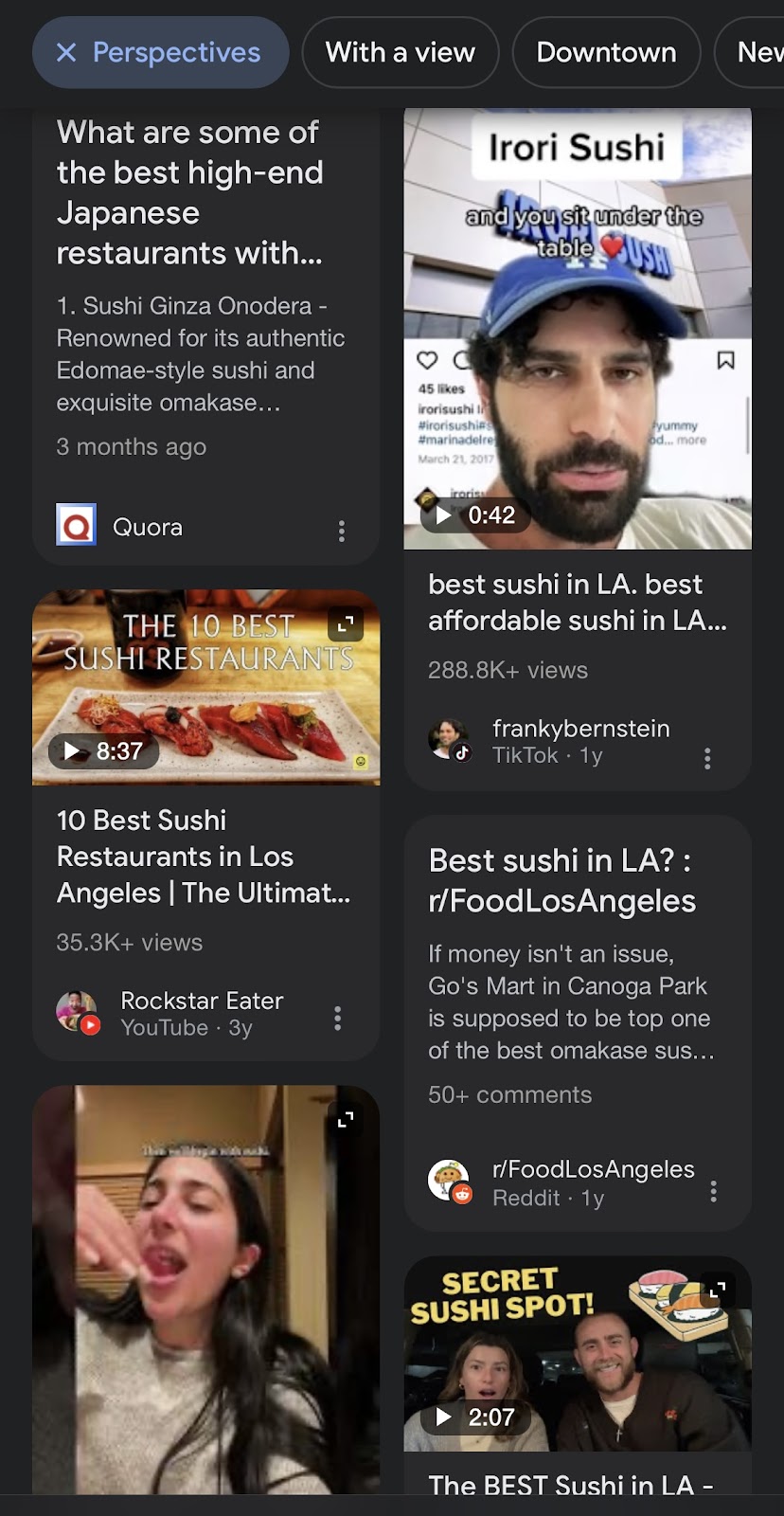 Google Perspectives mobile search results for sushi restaurants in Los Angeles