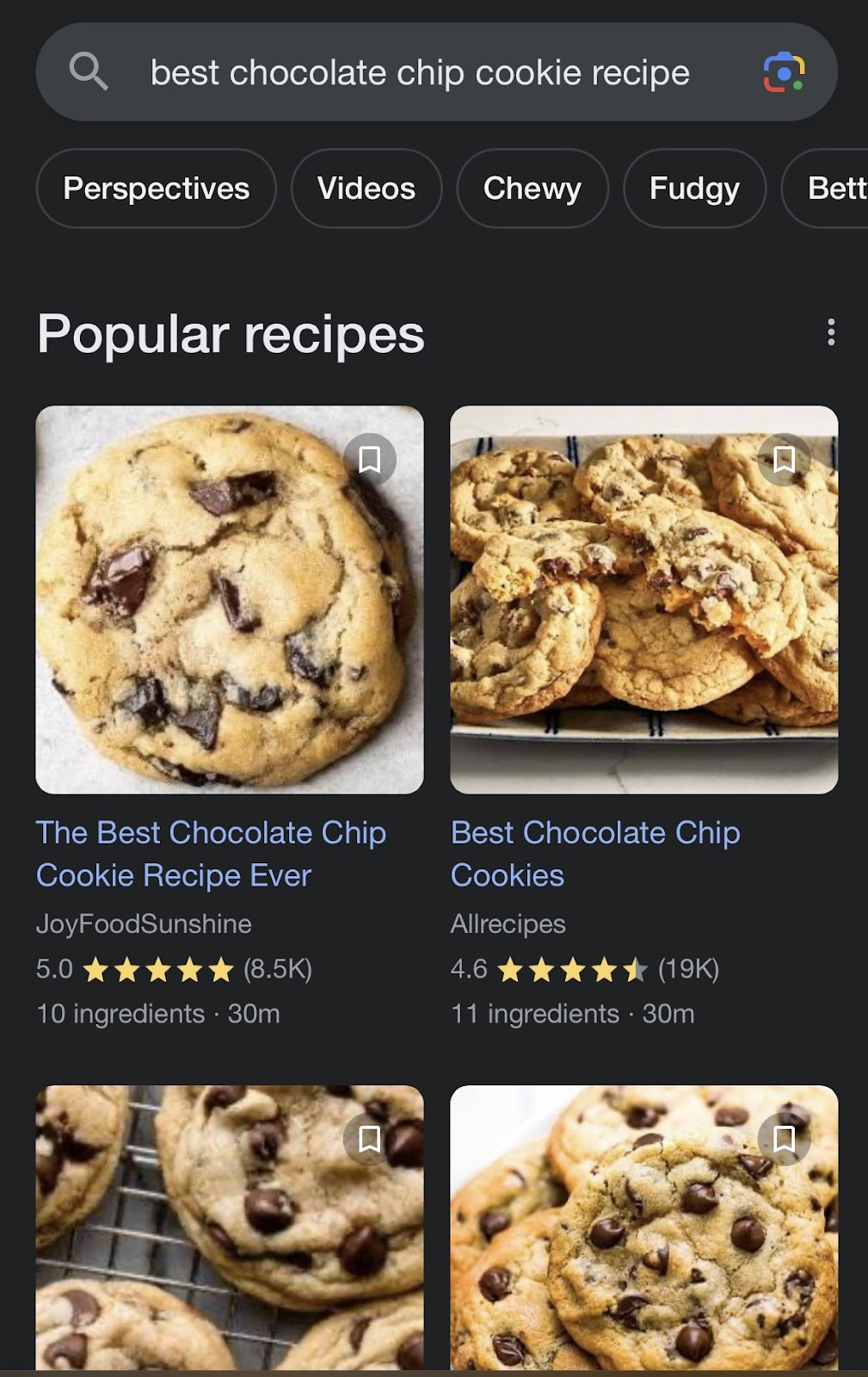 Standard Google mobile search results for chocolate chip cookie recipes