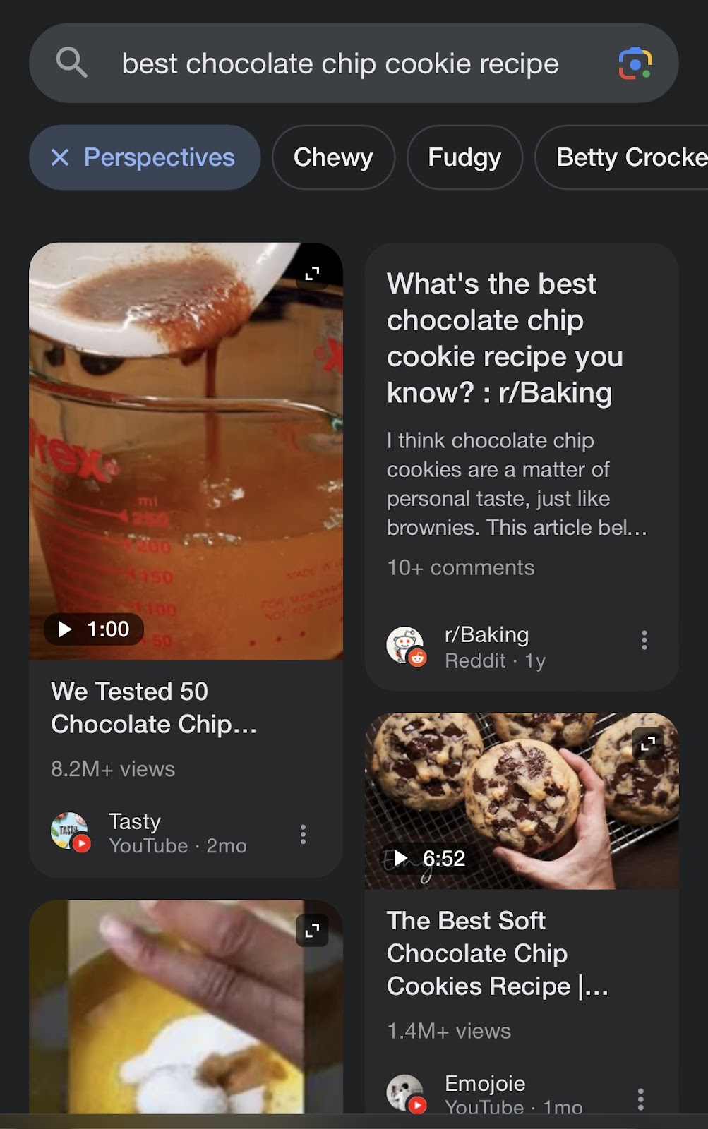 Google Perspectives mobile search results for chocolate chip cookie recipes