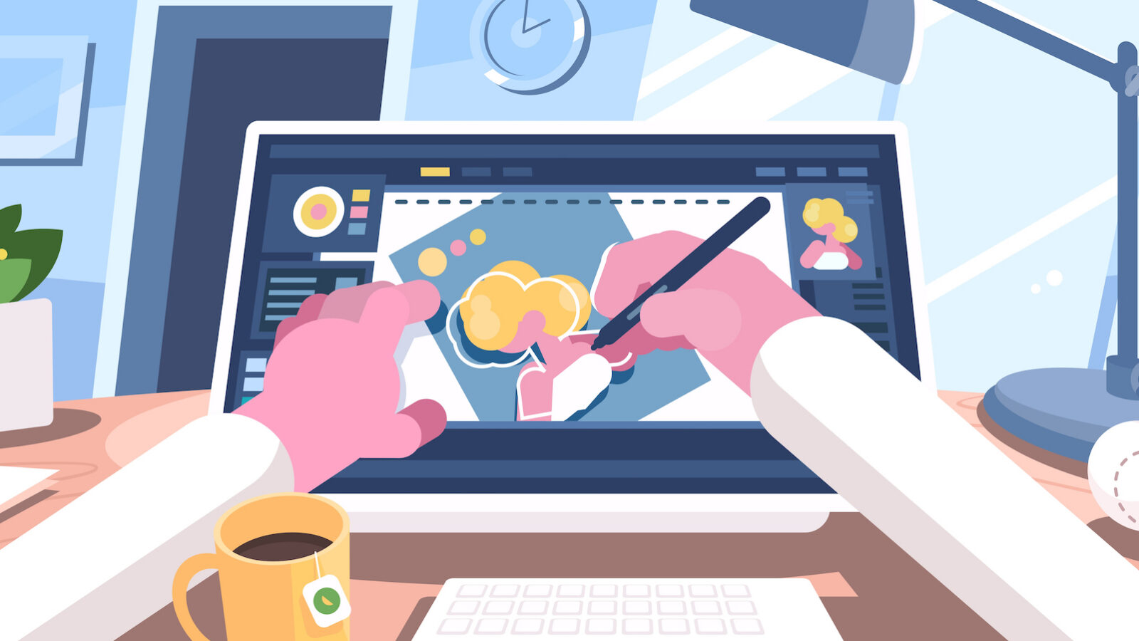 This is an illustration of two hands drawing on what appears to be a tablet in an article about visual marketing design trends