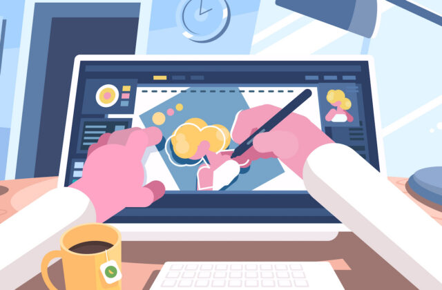 This is an illustration of two hands drawing on what appears to be a tablet in an article about visual marketing design trends
