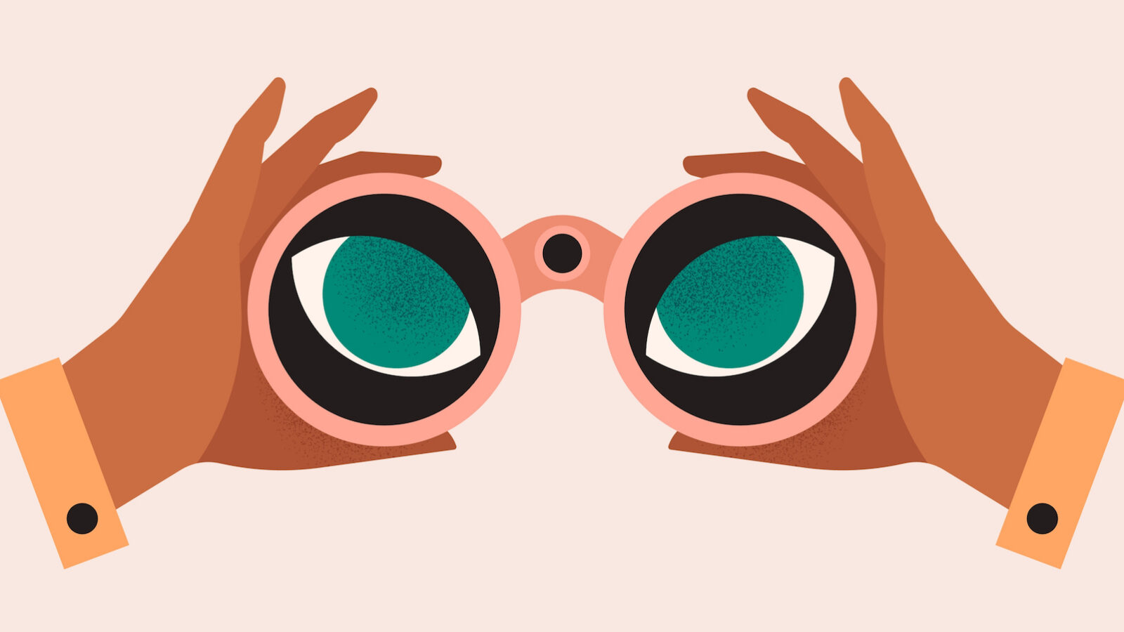 Image of two hands holding binoculars with eyes seen in the lens area for an article about creating an SEO editorial calendar and SEO content