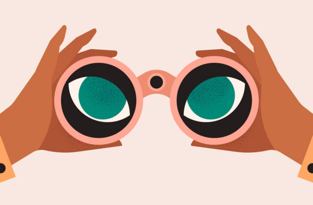 Image of two hands holding binoculars with eyes seen in the lens area for an article about creating an SEO editorial calendar and SEO content