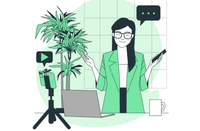 A graphic being used in an article about video content for thought leadership. This is an graphic of a women in front of a silver laptop. In front of that is a tripod holding a tablet indicating it is recording. There is a thought bubble over her head. She is holding a cell phone. To her left is a tall plant. To her right is a white coffee cup.