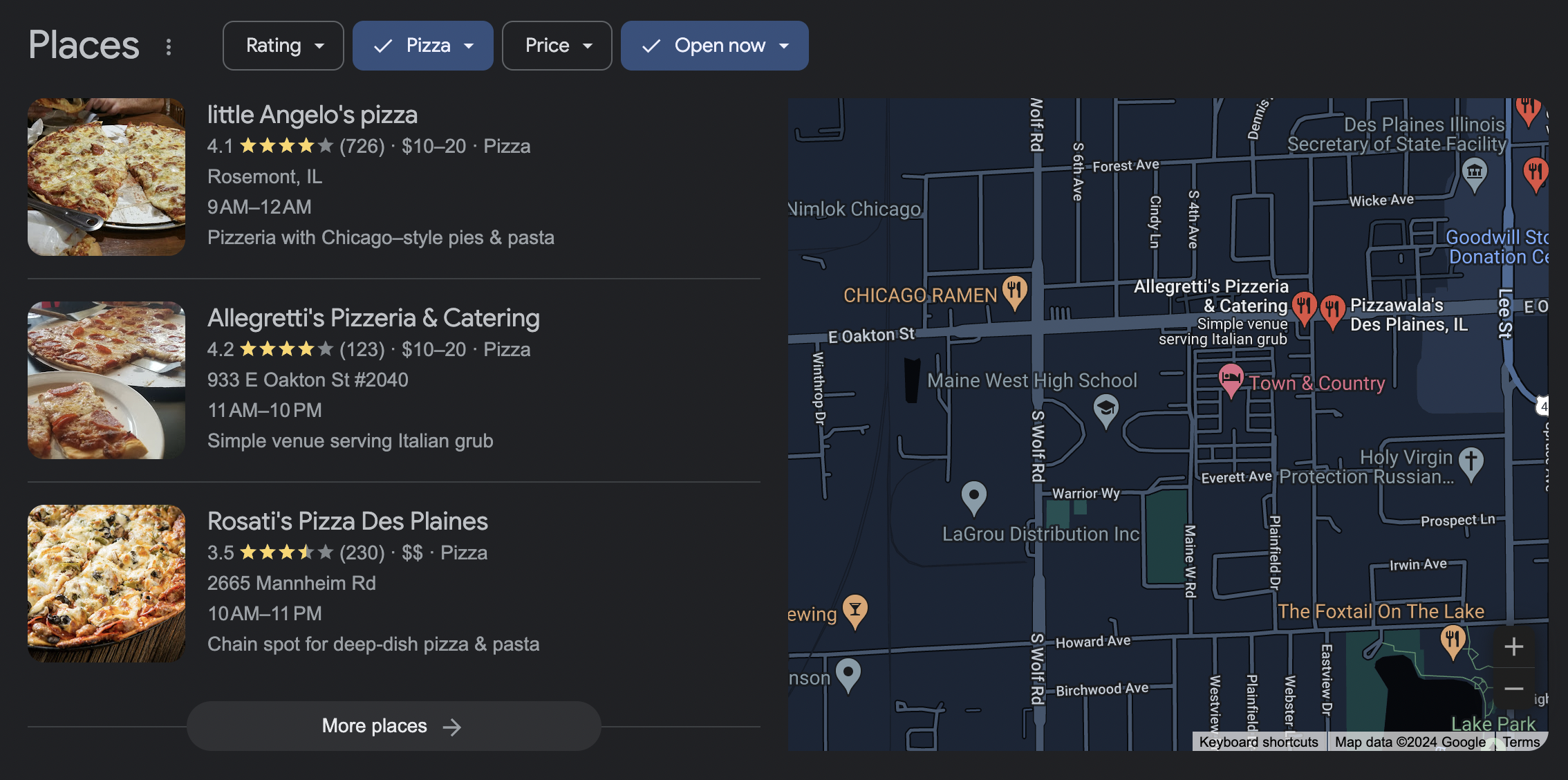 a results page for local SEO for pizza showcasing three pizza restaurants and a mpa