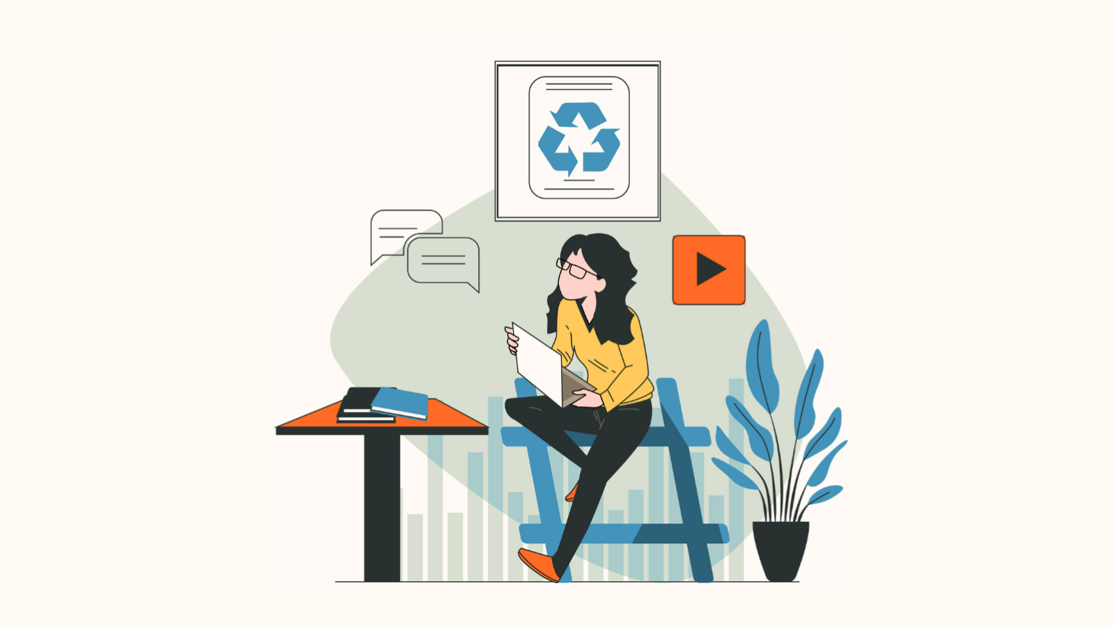 Image of green gradient background with what looks like a person planning for an article that is a guide to repurposing content