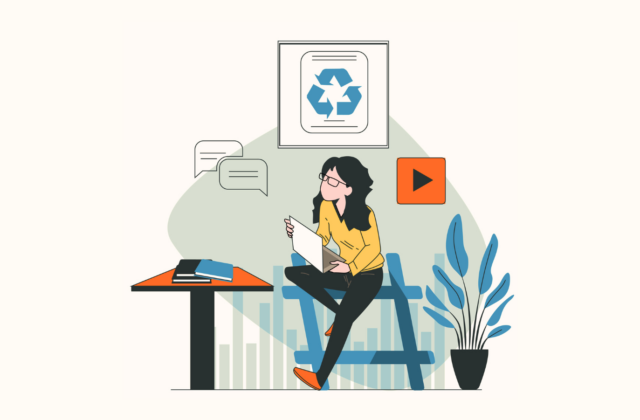 Image of green gradient background with what looks like a person planning for an article that is a guide to repurposing content