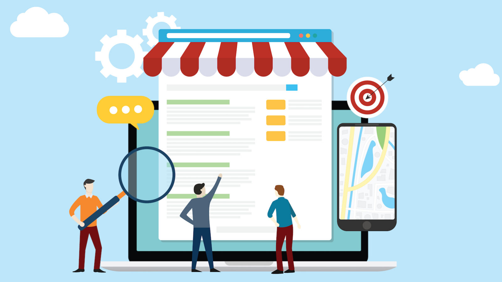 This is a graphic for an article about local SEO content strategy. It showcases two men looking at what appears to be a storefront, but is actually an online search results page.