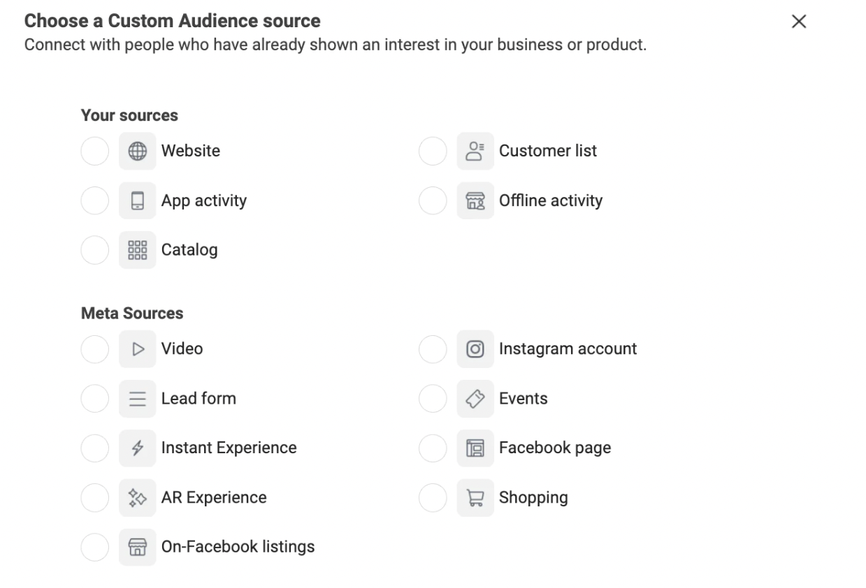 An image of options for choosing a custom audience source in an article about third-party cookies