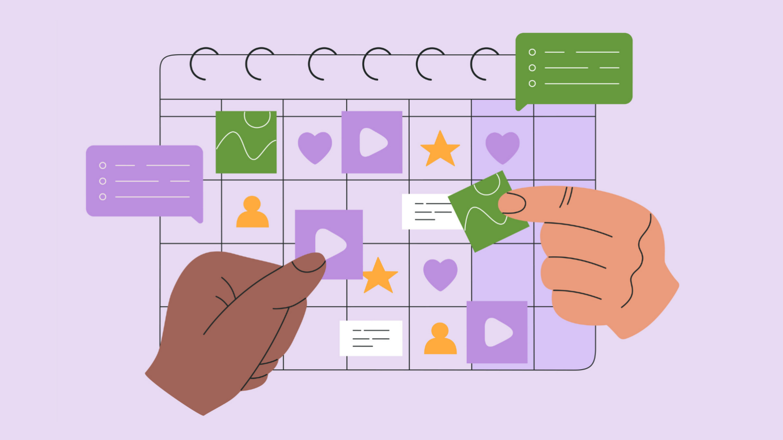 This is an image for an article on how to create a content calendar. It is a graphic of a calendar with the year being 2021. An individual is holding a pencil the size of them and writing on the content calendar