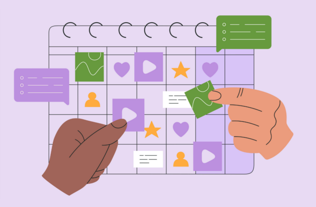 This is an image for an article on how to create a content calendar. It is a graphic of a calendar with the year being 2021. An individual is holding a pencil the size of them and writing on the content calendar