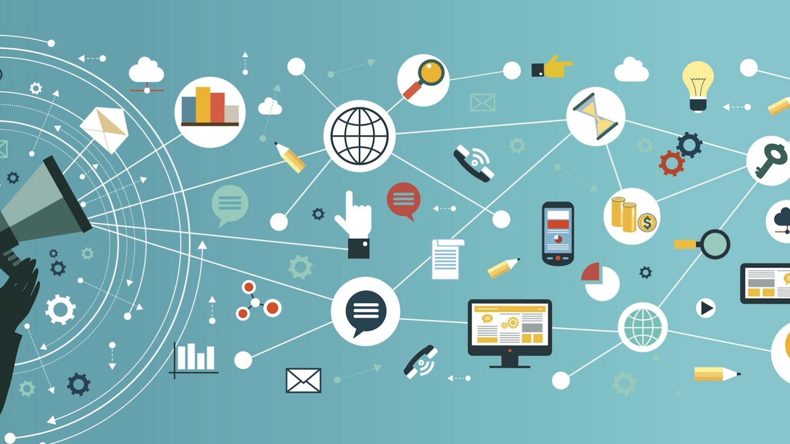 What are content hubs? This is a graphic with a teal background and dozens of icons related to marketing on it