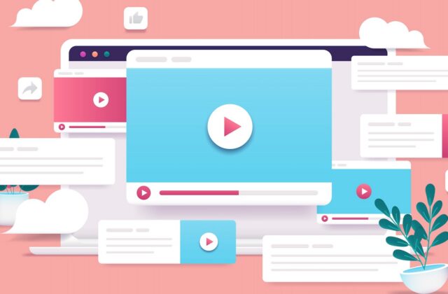 This is a graphic showcasing many different types of screens that have a play button overlayed on them for an article about how to optimize videos