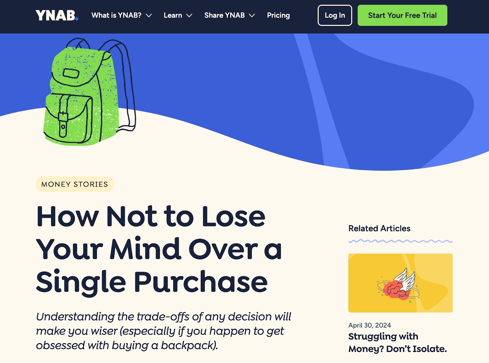 This is an image of the YNAB website featuring an article called "how not to lose your mind over a single purpose" in an article about creating buyer personas