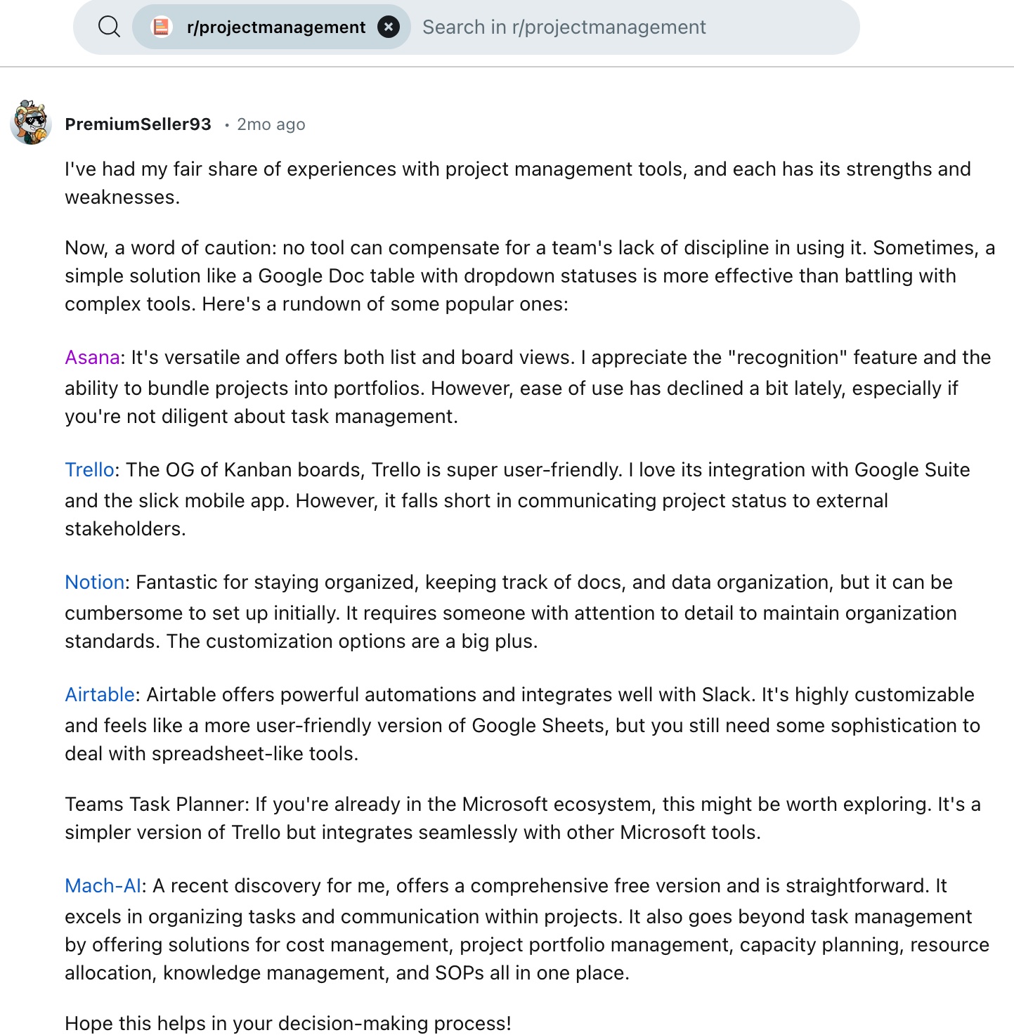 This is a screenshot of a comment a Reddit user posted about the current popular project management tools in the r/projectmanagement subreddit. It is extremely text heavy and used in an article about creating buyer personas