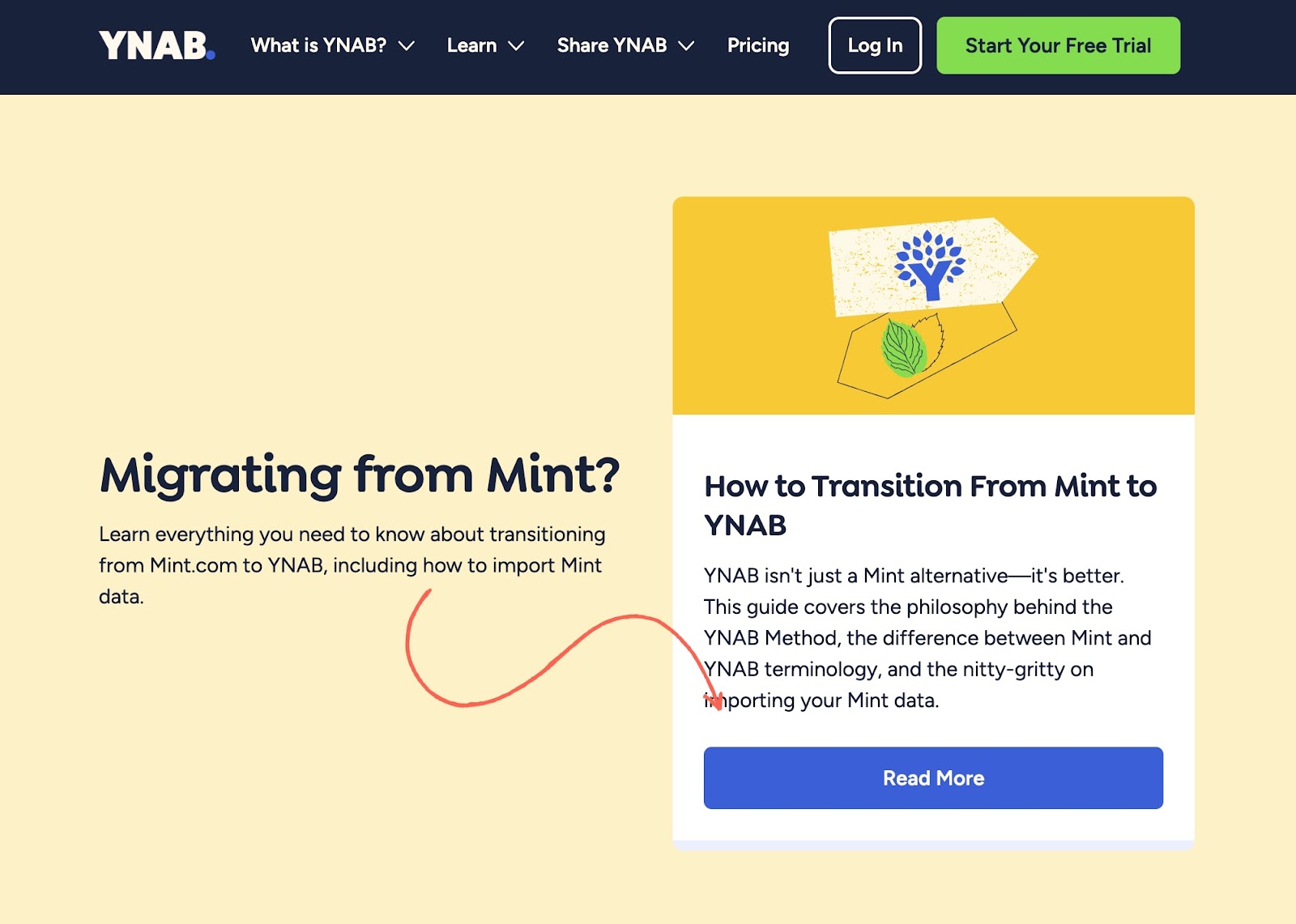 This is an image of the YNAB website featuring text that explains how to transition from Mint to YNAB in an article about creating buyer personas