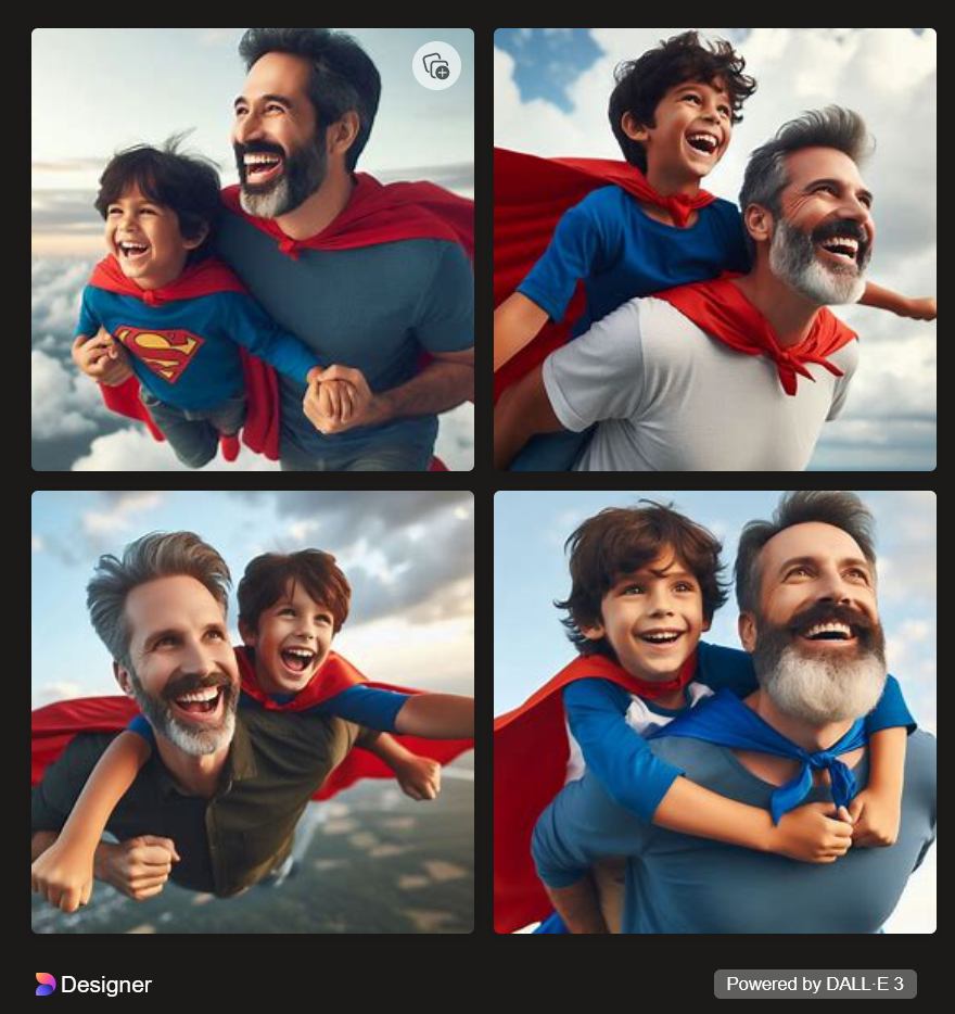 If you want a stronger AI collaboration, you need you write specific AI content prompts. This is an image from DALL-E3 of four images of a father and son looking like super heros